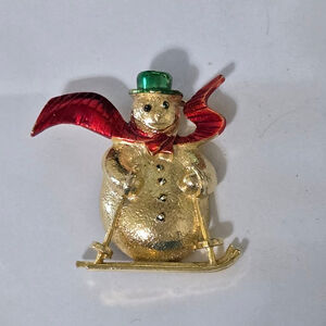 Gerry's Vintage Snowman Skier Brooch Gold Red Green Holiday Winter Classic Pin